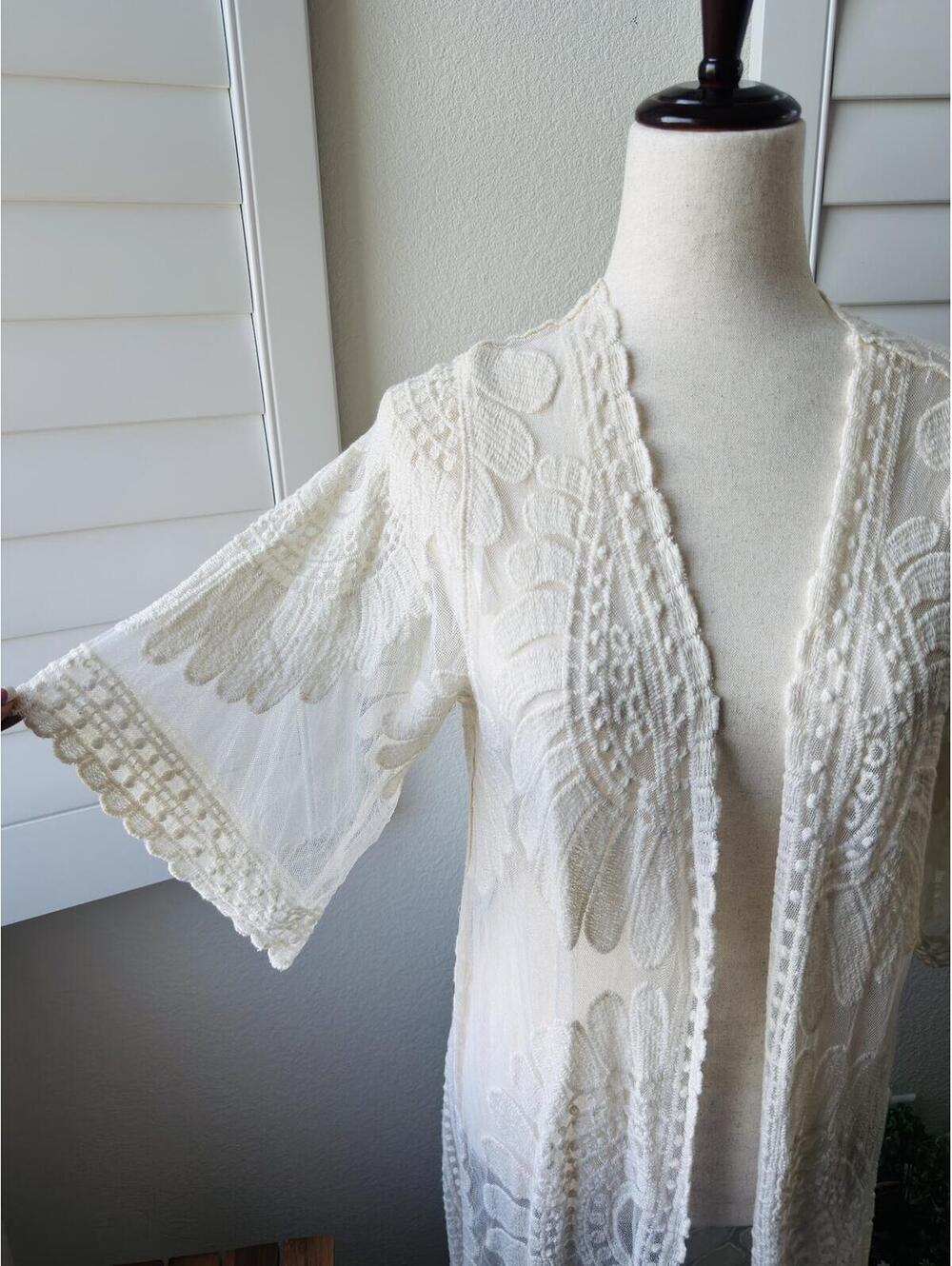 Rebellion Again Cream Embroidered Lace Long Cardigan - Size S - Picture 3 of 6